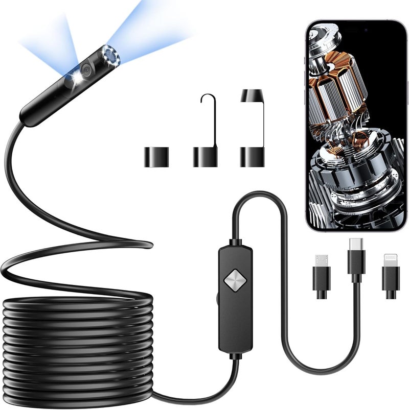 PAPIBLU Endoscope with Light, 1920P HD Borescope with 8 Adjustable LED Lights, 16.4FT Semi-Rigid Snake Camera, IP67 Waterproof Inspection Tool for iPhone & Android - Dual Lens (Black) - Image 1